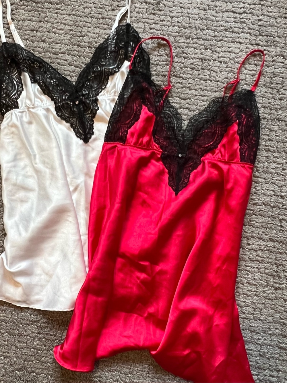 Victoria's Secret 3 Satin Slip Chemises in Red & White with Black Lace